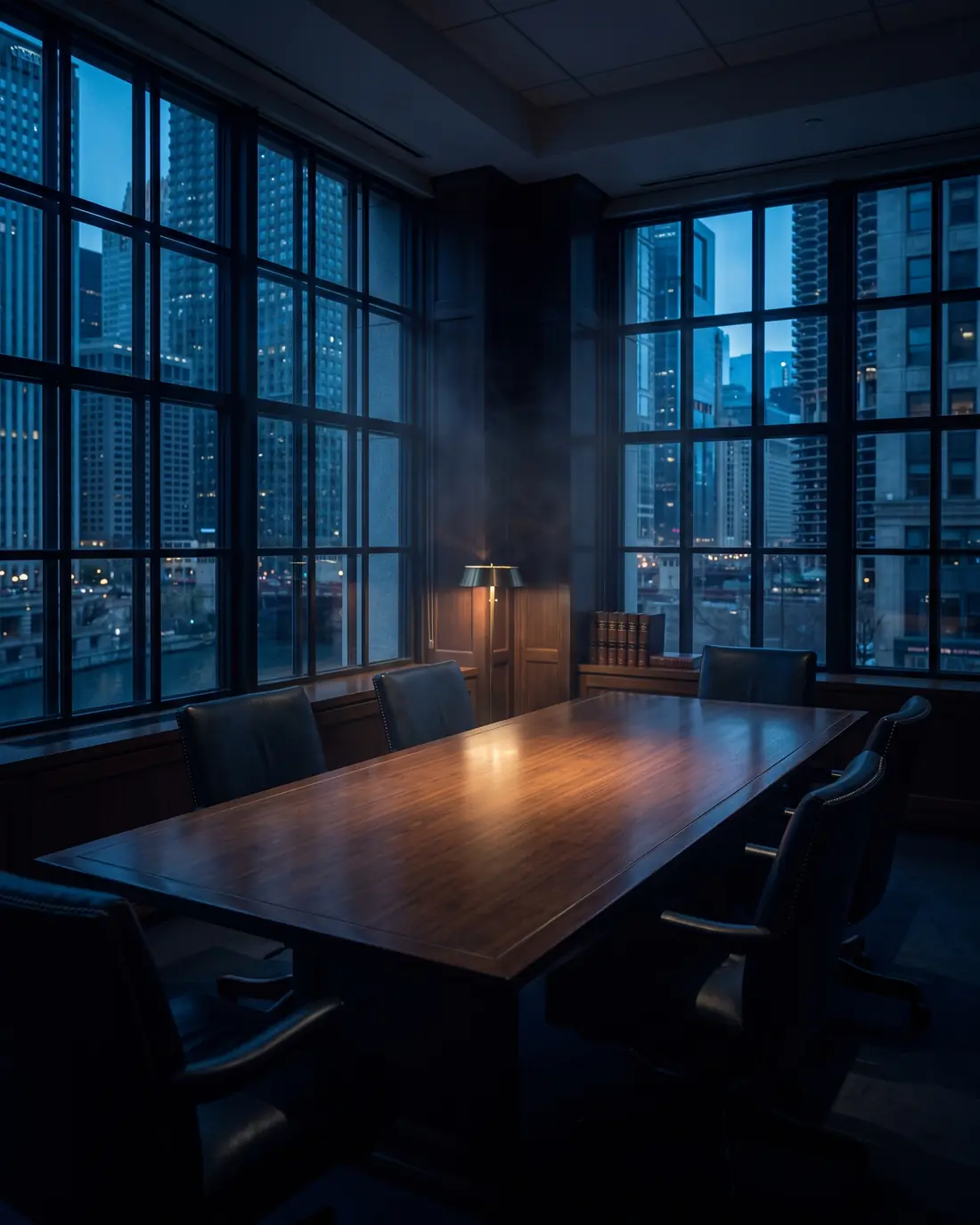 A boardroom on an upper floor of a Chicago tower at blue hour, a single lamp lit beside the table.