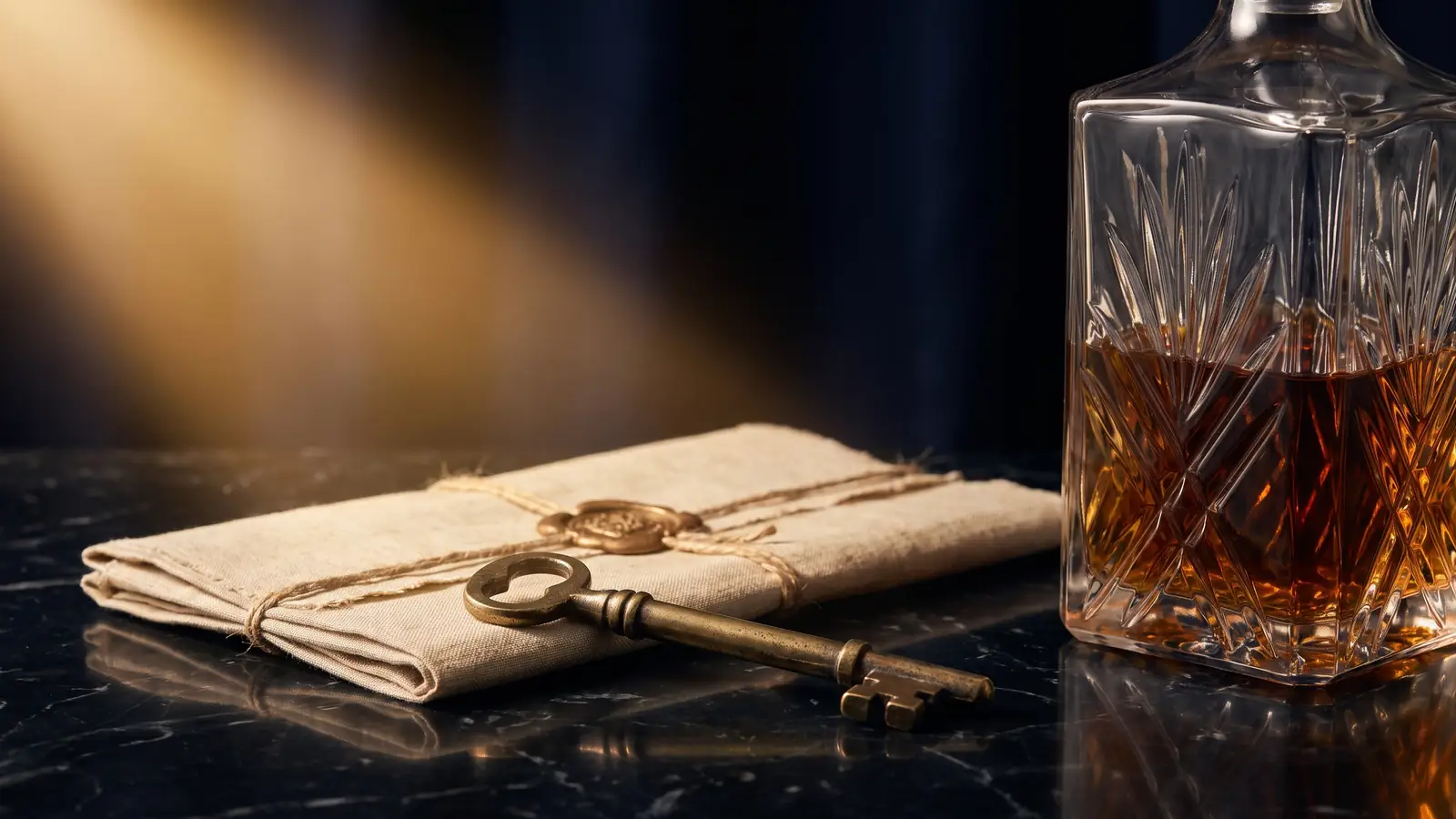 A brass key, a folded document and a crystal decanter on dark polished stone.